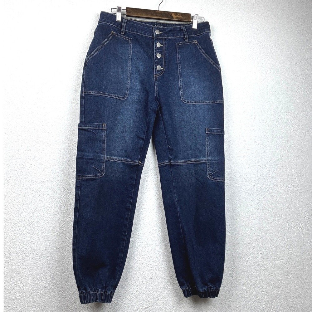 Flamingals Blue Denim Joggers - L- Button Fly Cargo Pockets Utility Streetwear